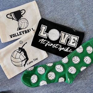 Volleyball Patterned Socks & 3 Volleyball Novelty Zipper Pouches Bundle